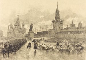 Tsaarin kruunaus. Imperial Cortège ylittää Place Royalen tekijältä Auguste Lepère and Auguste Gérardin