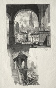 Kuvitettu Rouen: Place de la Haute Vieille Tour; Aedicule of Pride tekijältä Auguste Louis Lepère
