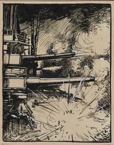 Pommi räjähtää pylväässä tykeillä, 1914. tekijältä Auguste Louis Lepère