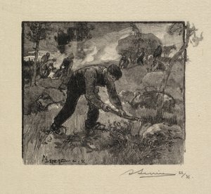 Fontainebleaun metsä: Kannervan vetäminen tekijältä Auguste Louis Lepère