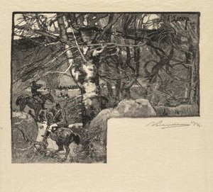 Fontainebleaun metsä: Ratsasta koirille Mont-Gérard La Forêt de Fontainebleaussa, 1890. tekijältä Auguste Louis Lepère