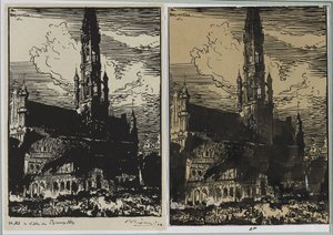 Brysselin kaupungintalo tulessa, 1914. tekijältä Auguste Louis Lepère
