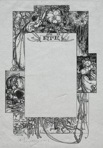Pariisin almanakka, 1897: Koristeellinen reunus, kesä tekijältä Auguste Louis Lepère