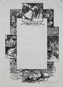 Pariisin almanakka, 1897: Koristeellinen reunus, talvi, 1897. tekijältä Auguste Louis Lepère