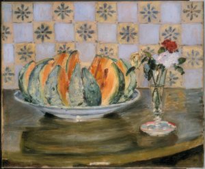Asetelma melonin ja kukkamaljakon kanssa tekijältä Auguste Renoir