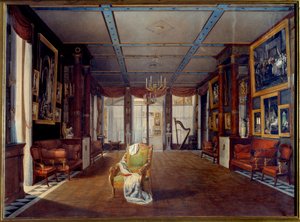 Musiikkihuone Chateau de la Malmaisonissa vuonna 1812 Auguste Garneray (1785-1824) maalaus 1812 su. 0,66x0,91 m Malmaison, linnamuseo