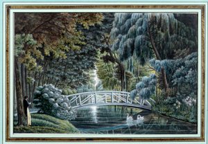 Näkymä joen ylittävälle puusillalle Malmaisonin linnan vasemmalla puolella Watercolour d