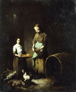 Nuoret talonpoikatytöt ruokkimassa pihaeläimiä, tekijältä Auguste Theodule Ribot
