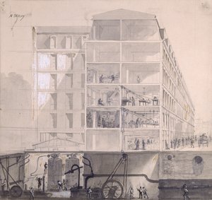 Poikkileikkaus työläisistä, jotka asuvat Pariisin XI. kaupunginosassa, n. 1875 (kynä ja muste ja guassi paperilla)