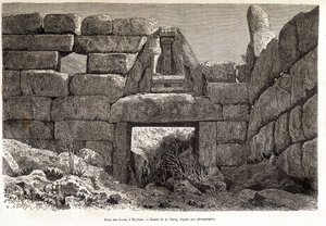 Gate of the Lions in Mycenae - piirros A. Deroy, "" Round the World"" 1877 2. lukukausi
