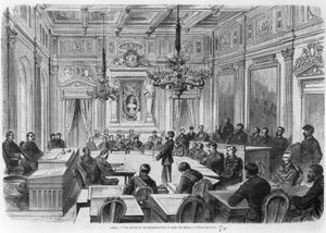 Kommuunin jäsenet istunnossa Hotel de Villessa, Salle des Mairesissa, Pariisissa, 1871
