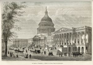 Capitol, lainsäätäjän toimipaikka, rakennettu vuosina 1793–1830 Washingtonissa (District of Columbia), Yhdysvaltojen pääkaupungissa. Kaiverrus A.Deroyn piirustuksen jälkeen havainnollistamaan tarinaa La conquete blanche, kirjoittanut William Hepworth Dixon