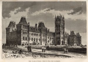 Ottawan parlamenttipalatsi, rakennettu vuosina 1859–1876, kaiverrettu A. Deroyn piirustuksen mukaan, joka havainnollistaa matkaa Kanadaan ja pohjoisen punaiselle joelle, H. De Lamotte vuonna 1873, julkaistu "" Le tour du -lehdessä monde””” 1875, toimittanu