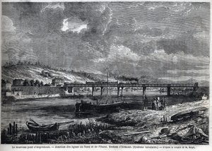 Uudella sillalla on Argenteuil. Pohjoisen ja lännen linjojen risteys. Ermont-osa (putkimainen järjestelmä). Kaiverrus Ralphin luonnoksen jälkeen elokuvassa "" Le Monde illustrious", 29.8.1863. Yksityinen kokoelma. tekijältä Auguste Victor Deroy