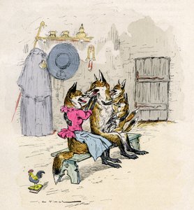A. Vimarin kuvitus Novel de Renart -romaaniin (ketun romaani), painos Henri Laurens 1800-luku - Goupil ja Hermeline kettu, hänen vaimonsa, koti, lastensa pikkuketut -