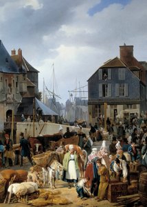 Nautakarja matkustajan kyytiin"" Honfleurin satamassa"" Yksityiskohta Auguste-Xavier Leprincen (1799-1826) maalauksesta