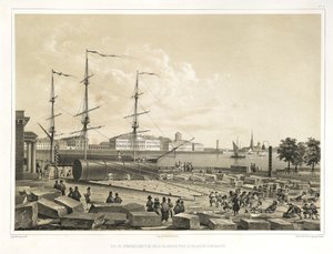 Kahden kolonnin purkaminen Amiraliteetissa osoitteesta: Pyhän Iisakin katedraalin rakentaminen, 1845 tekijältä Auguste de Montferrand