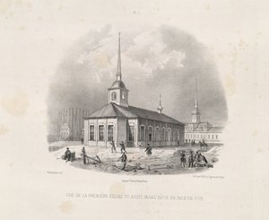 Ensimmäisen Iisakinkirkon kuva vuonna 1710 Alkaen: Pyhän Iisakin katedraalin rakentaminen, 1845