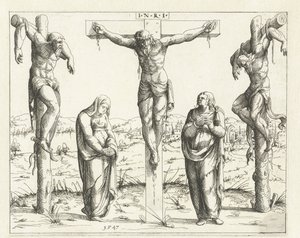 Kristus ristillä ja Maria ja Johannes Ristiinnaulitseminen Vanhan ja uuden testamentin konkordanssi (sarjan nimi) Konkordantit alt un news Testaments (sarjan nimi) tekijältä Augustin Hirschvogel