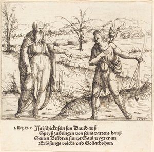 Jesse lähettää Daavidin veljiensä ja Saulin luo, 1548. tekijältä Augustin Hirschvogel