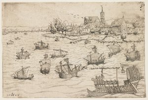 Joona ja valas järvellä purjealuksilla, 1546 tekijältä Augustin Hirschvogel