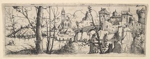 Maisema linnoituksen ja kirkon kanssa joella, 1545. tekijältä Augustin Hirschvogel