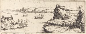 Maisema purjeveneillä [pohjalevy], 1546. tekijältä Augustin Hirschvogel
