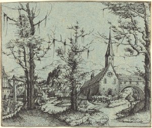 Maisema ja kyläkirkko, 1545. tekijältä Augustin Hirschvogel