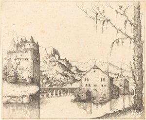 Jokimaisema saaritaloineen, 1545. tekijältä Augustin Hirschvogel