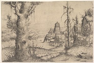 Jokimaisema ja suuri puu vasemmalla, 1546. tekijältä Augustin Hirschvogel