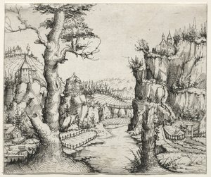 Jokimaisema kivineen vasemmalla ana oikealla, 1546. tekijältä Augustin Hirschvogel