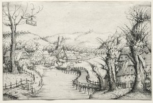 Jokimaisema, jossa kolme paljaaa pajua oikealla ja pitkä mutkainen puusilta..., 1546. tekijältä Augustin Hirschvogel