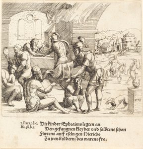 Efraimin miehet huolehtivat vangeistaan ja palauttavat heidät Jerikoon, 1549. tekijältä Augustin Hirschvogel