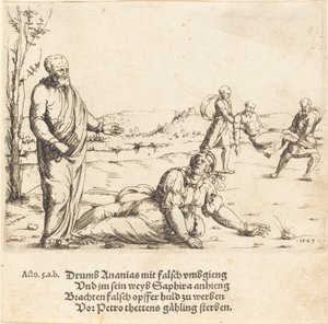 Ananiaksen ja Safiiran rangaistus, 1549. tekijältä Augustin Hirschvogel