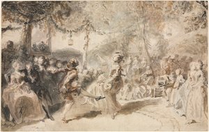 Pukupukuiset tanssijat esiintymässä puutarhatavernassa, 1756. tekijältä Augustin de Saint Aubin