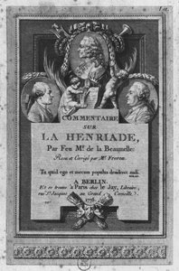 Etukuva de la Beaumellen kommentista Voltairen teokseen "La Henriade", jonka Freron on tarkistanut ja päivittänyt ja joka on julkaistu Berliinissä ja Pariisissa vuonna 1775. tekijältä Augustin de Saint Aubin