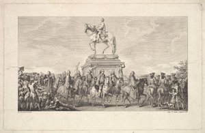 Ludvig XV:n patsaan avajaiset, vinjetti sivulla 1, julkaisusta Description des Trava..., 1766. tekijältä Augustin de Saint Aubin