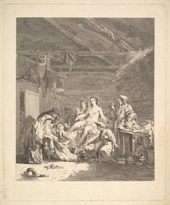 Ensimmäisen osan vinjetti, sivu 165: Venäläisten käyttö avioliiton jälkeen ja ennen häitä..., 1767. tekijältä Augustin de Saint Aubin