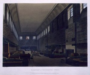 Dormitory of Westminster School, "History of Westminster Schoolista", osa "History of the Colleges", kaiverrettu J. Bluck (fl.1791-1831) pub. Kirjailija: R. Ackermann