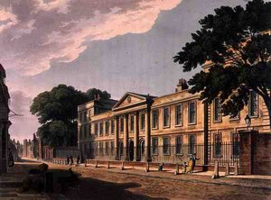 Emmanuel Collegen etuosa, Cambridge, "The History of Cambridge", kaiverrettu Joseph Constantine Stadler (fl.1780-1812), pub. kirjoittanut R. Ackermann