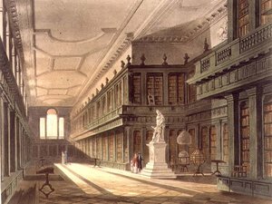 Library of All Souls Collegen sisustus, kuvitus "History of Oxfordista", kaiverrettu J. Bluck (fl.1791-1831) pub. kirjoittanut R. Ackermann