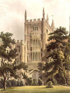 Vanha portti Magdalen Collegessa, kuvitus "History of Oxford Colleges" -julkaisusta, kaiverrettu J. Bluck (fl.1791-1831) pub. kirjoittanut R. Ackermann
