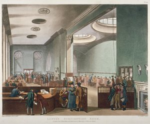 Sisäkuva Lloyds Subscription Roomista Royal Exchangessa, Lontoon City, 1809