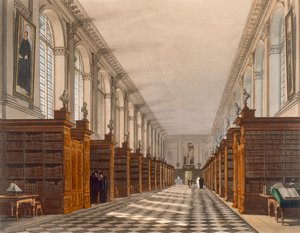 Cambridgen Trinity Collegen kirjaston sisustus, The History of Cambridge, kaiverrus Daniel Havell (1785-1826), pub. R. Ackermann, 1815 (väriakvatinta)