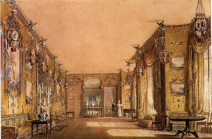 Brighton Pavilionin keltaisen olohuoneen sisustus, n. 1820 (akvarelli ja guassi paperille) tekijältä Augustus Charles Pugin