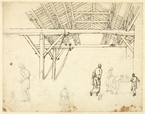 Hylätty tutkimus, mahdollisesti Custom House -kuvaa varten, Lontoon Microcosmilta (recto); Luonnoksia työntekijöistä tynnyreineen (käänteinen) tekijältä Augustus Charles Pugin