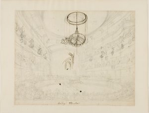 Tutkimus Astleyn teatteria varten (etusivu); Tutkimus Astleyn amfiteatterin kristallikattiloita varten (kääntöpuoli). tekijältä Augustus Charles Pugin