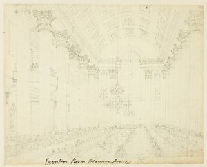 Egyptian Hall Mansion House -rakennusta varten tehty tutkimus, Lontoon mikrokosmoksesta. tekijältä Augustus Charles Pugin