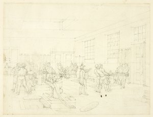 The Mint -studio, Lontoon mikrokosmoksesta (etusivu); luonnos sisäpihasta (kääntöpuoli). tekijältä Augustus Charles Pugin