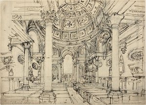 Tutkimus Walbrookin kirkolle (recto); Luonnokset purjeveneistä, miehistä ja jollaista (käänteinen) tekijältä Augustus Charles Pugin